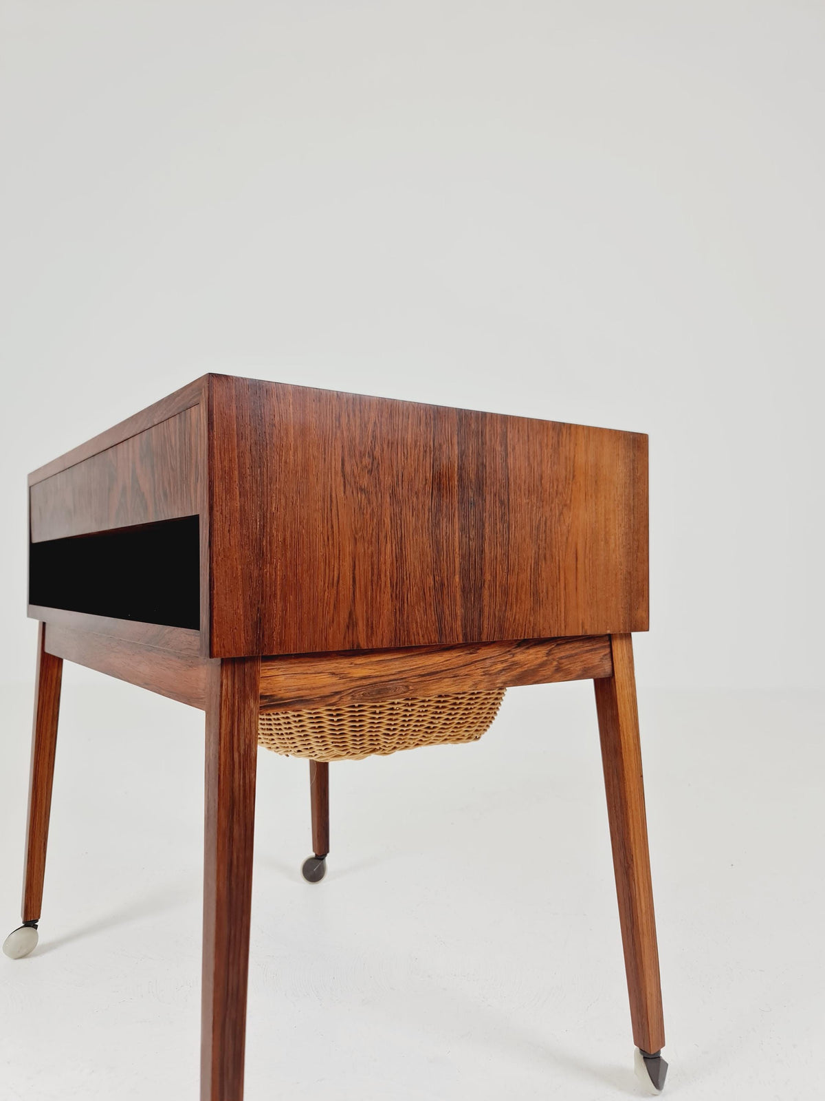 Vintage Danish Rosewood and rattan sewing table/ side table cabinet , 1960s