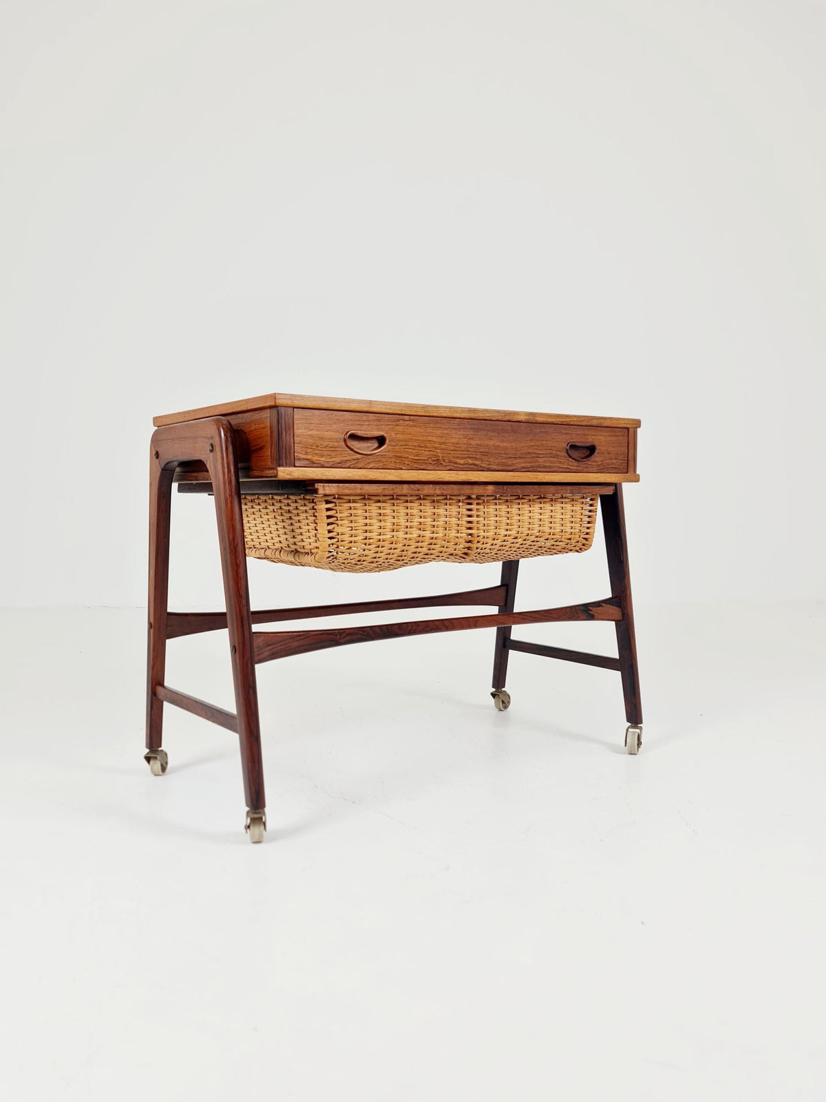 Rare Vintage Danish Rosewood and rattan sewing table/ side table cabinet BY Poul Dinesen , 1960s