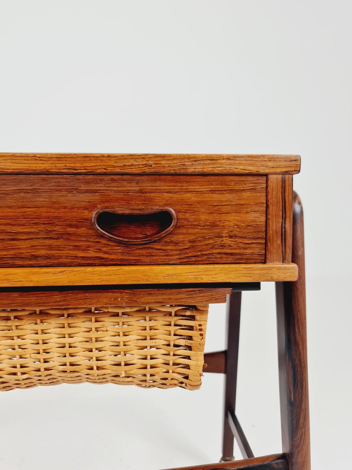 Rare Vintage Danish Rosewood and rattan sewing table/ side table cabinet BY Poul Dinesen , 1960s