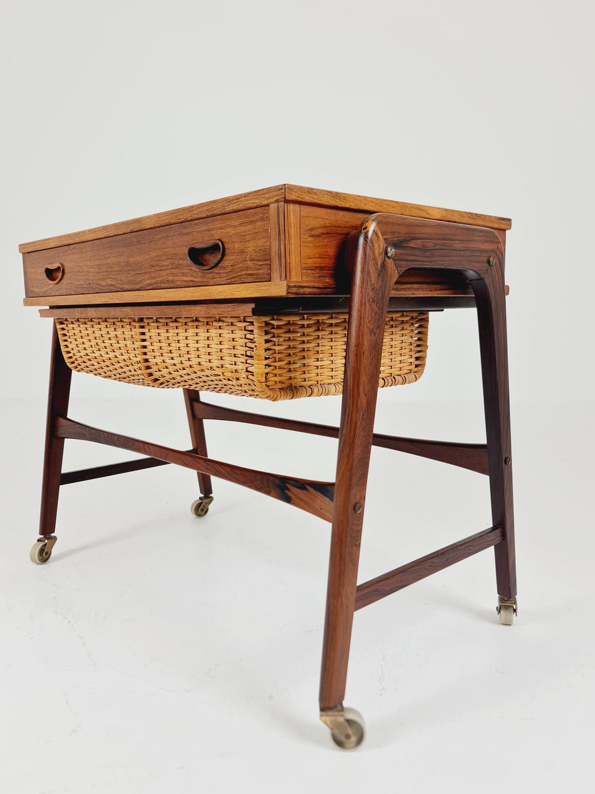 Rare Vintage Danish Rosewood and rattan sewing table/ side table cabinet BY Poul Dinesen , 1960s