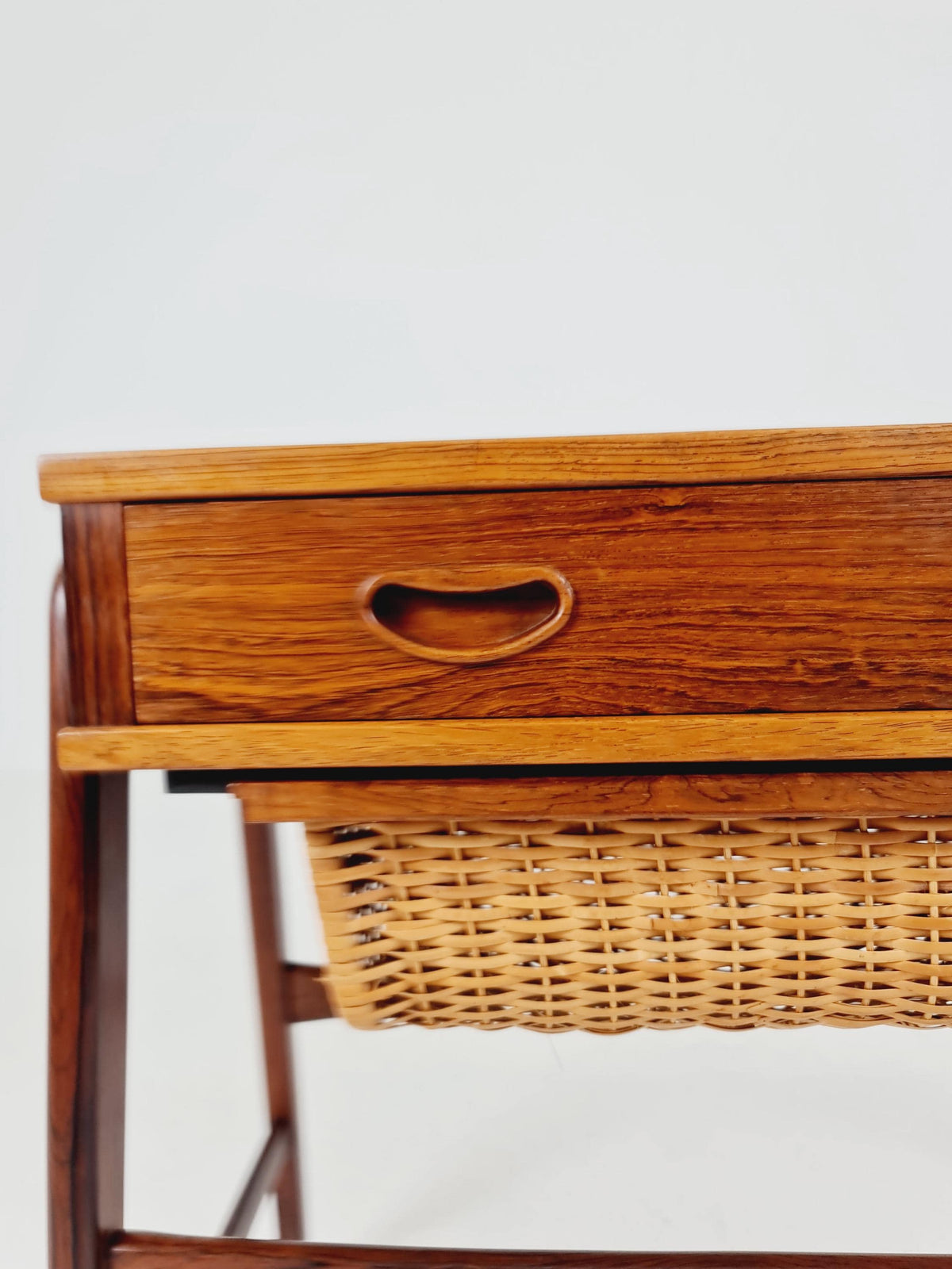 Rare Vintage Danish Rosewood and rattan sewing table/ side table cabinet BY Poul Dinesen , 1960s