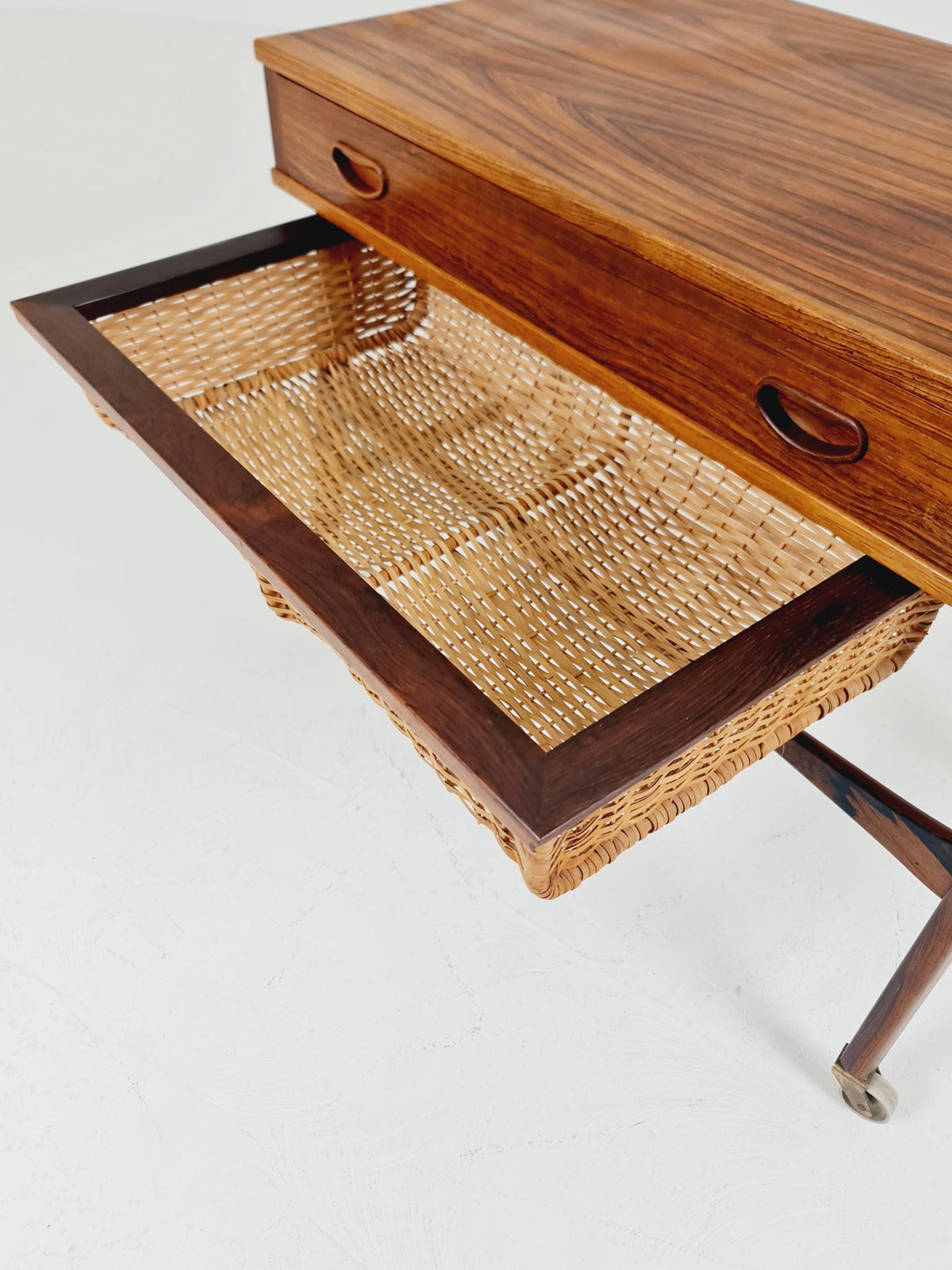 Rare Vintage Danish Rosewood and rattan sewing table/ side table cabinet BY Poul Dinesen , 1960s