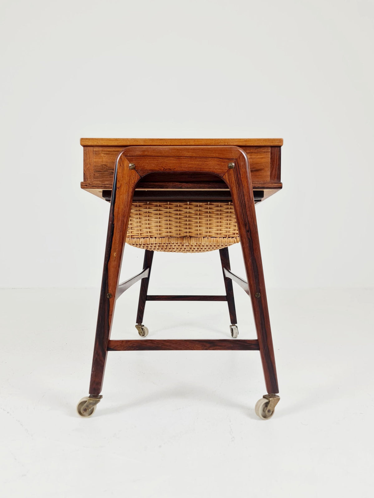 Rare Vintage Danish Rosewood and rattan sewing table/ side table cabinet BY Poul Dinesen , 1960s