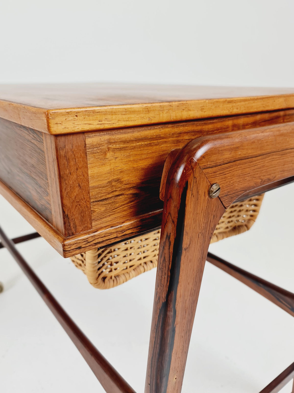 Rare Vintage Danish Rosewood and rattan sewing table/ side table cabinet BY Poul Dinesen , 1960s