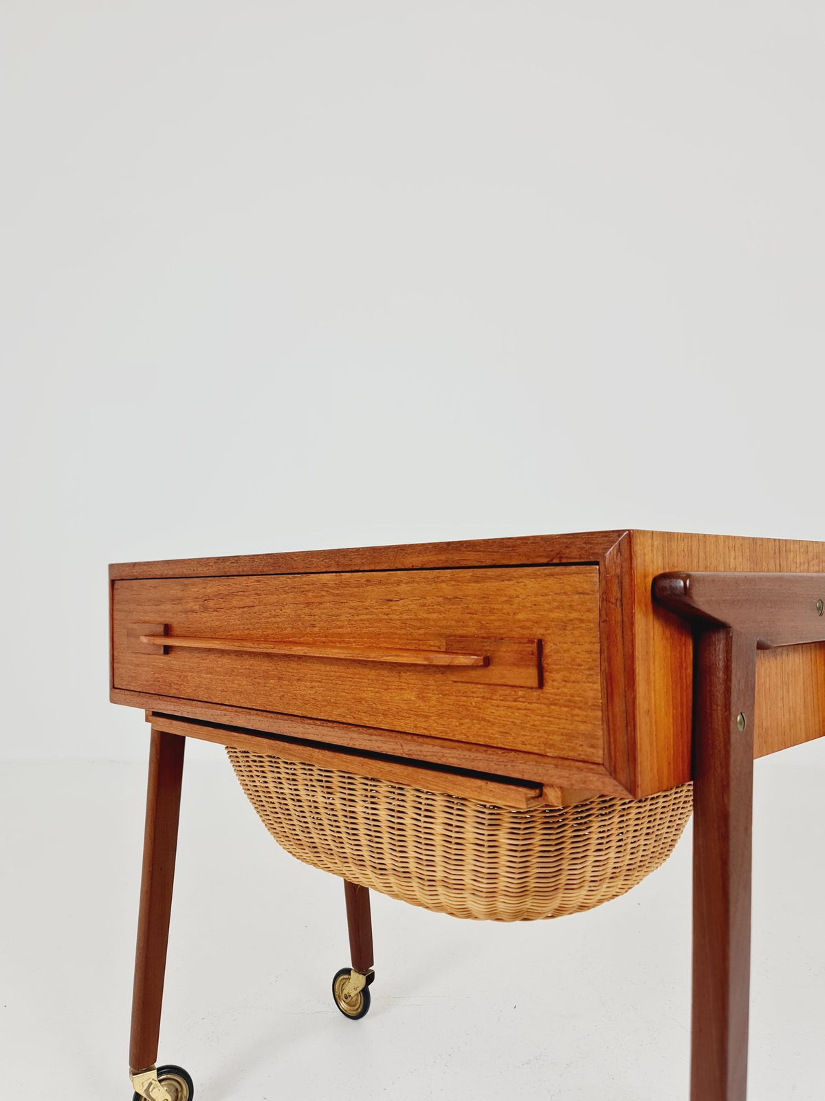 Vintage Danish Teak and rattan sewing table/ side table cabinet , 1960s