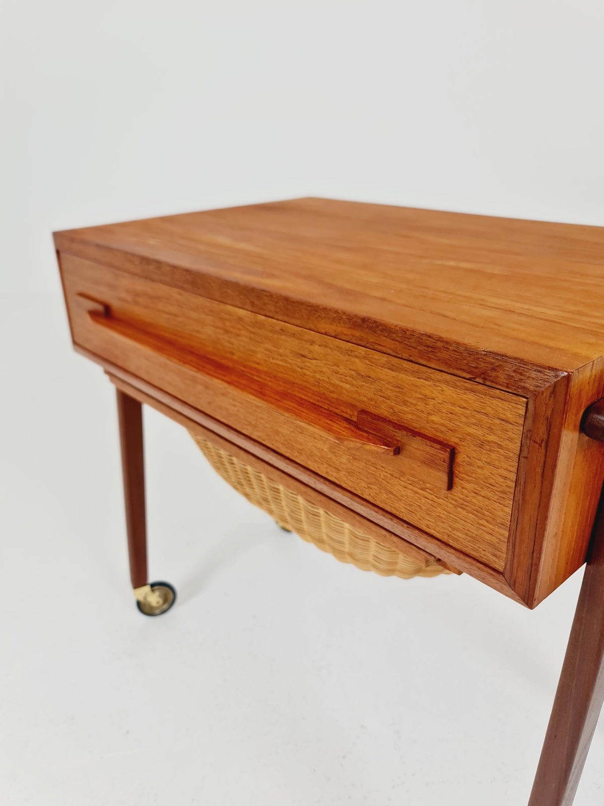 Vintage Danish Teak and rattan sewing table/ side table cabinet , 1960s