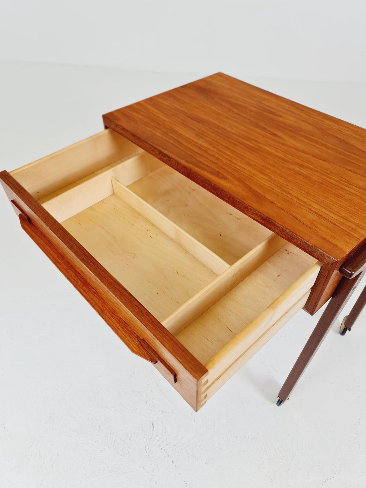 Vintage Danish Teak and rattan sewing table/ side table cabinet , 1960s