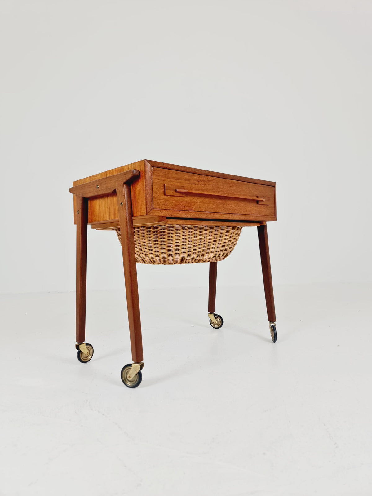 Vintage Danish Teak and rattan sewing table/ side table cabinet , 1960s