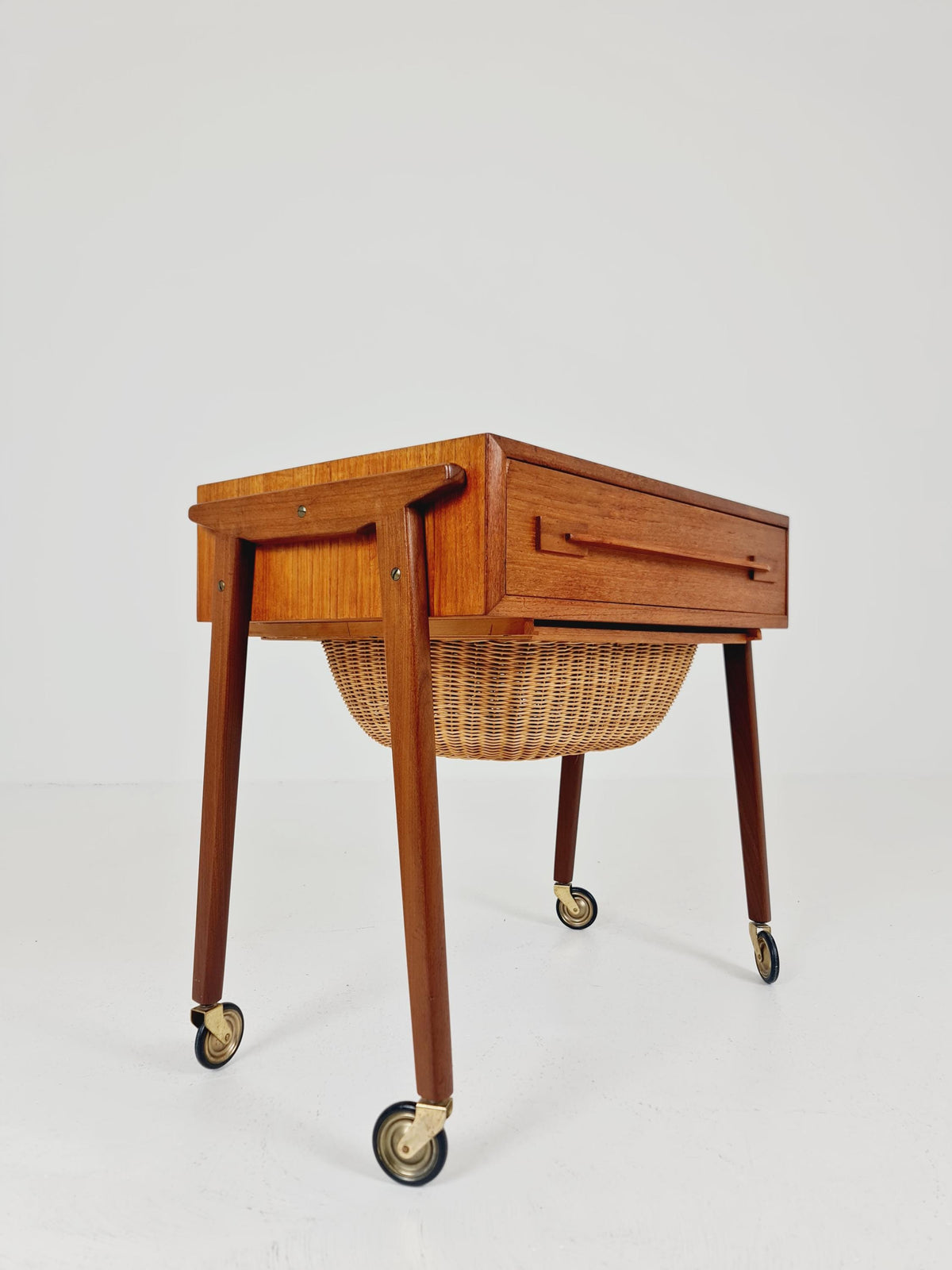 Vintage Danish Teak and rattan sewing table/ side table cabinet , 1960s