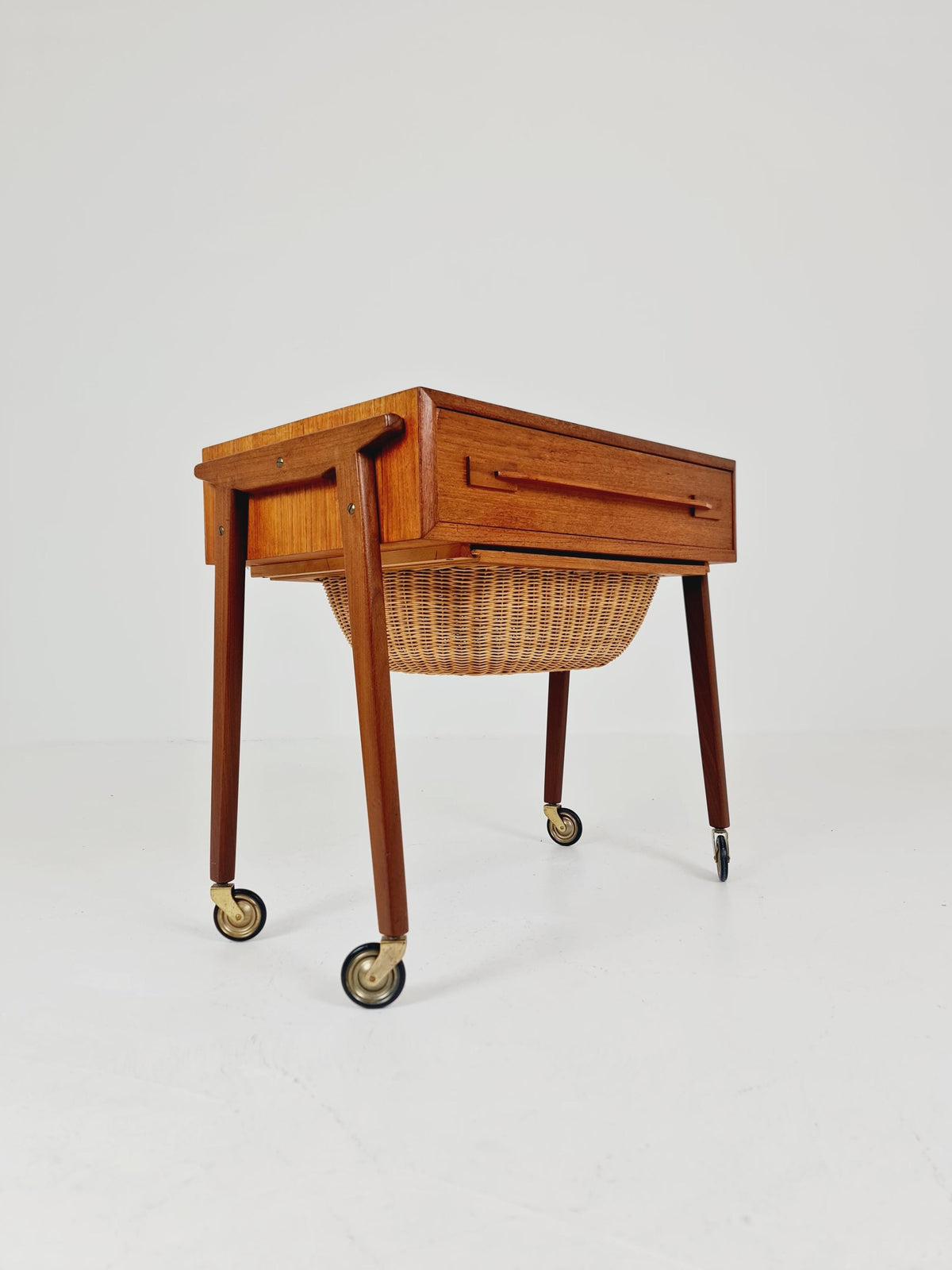 Vintage Danish Teak and rattan sewing table/ side table cabinet , 1960s