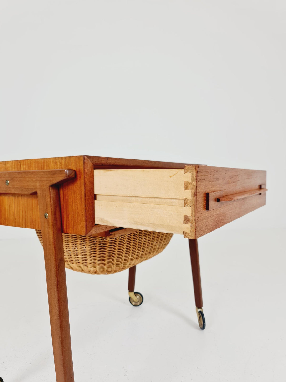 Vintage Danish Teak and rattan sewing table/ side table cabinet , 1960s