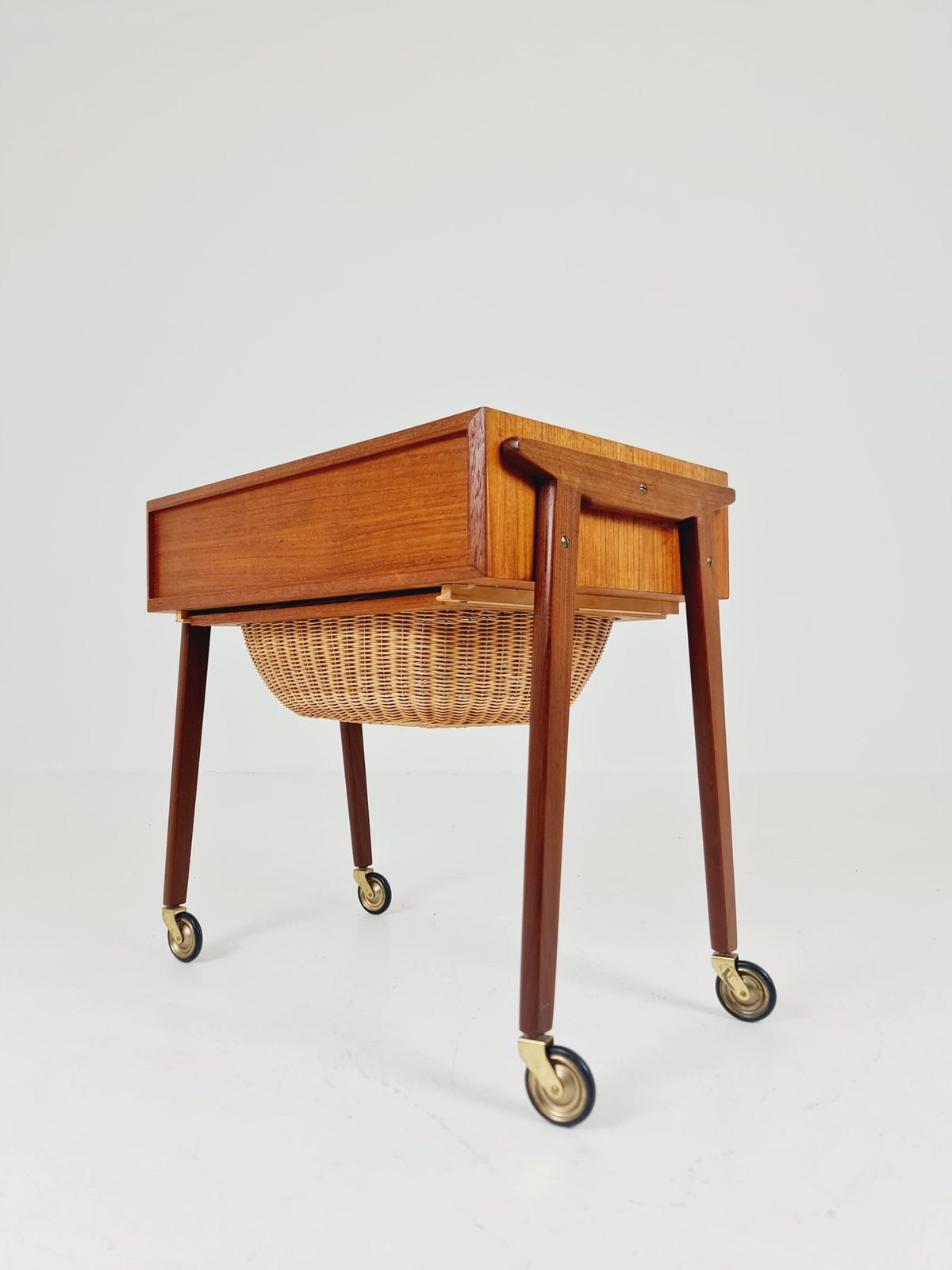 Vintage Danish Teak and rattan sewing table/ side table cabinet , 1960s