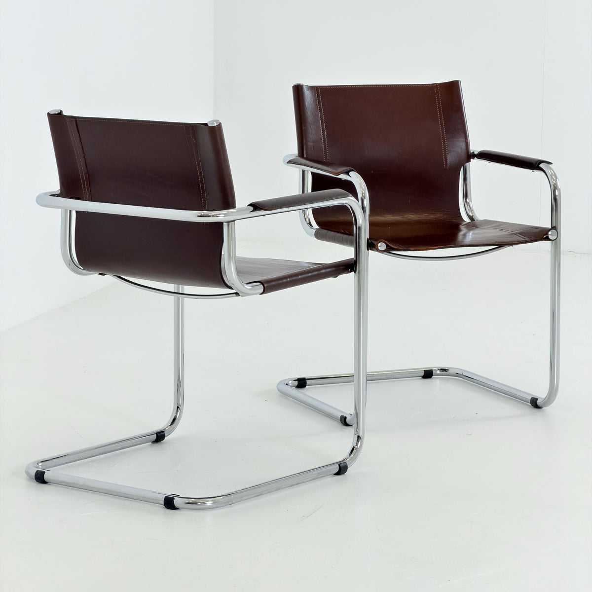 Set of 2 Mart Stam Visitor Chairs for Matteo Grassi, Brown Leather & Chrome, Italian Bauhaus Design, 1970s