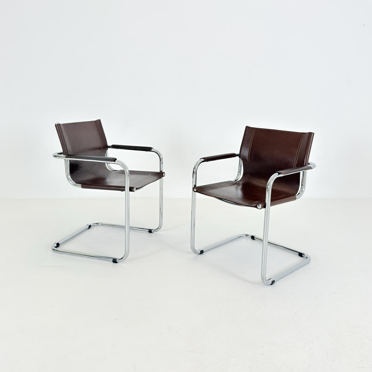 Set of 2 Mart Stam Visitor Chairs for Matteo Grassi, Brown Leather & Chrome, Italian Bauhaus Design, 1970s