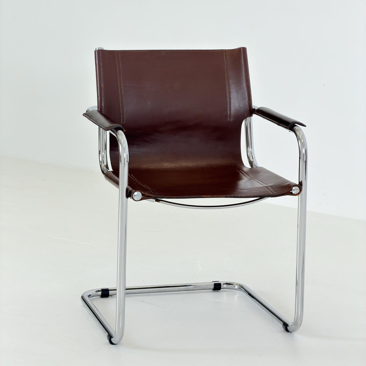 Set of 2 Mart Stam Visitor Chairs for Matteo Grassi, Brown Leather & Chrome, Italian Bauhaus Design, 1970s
