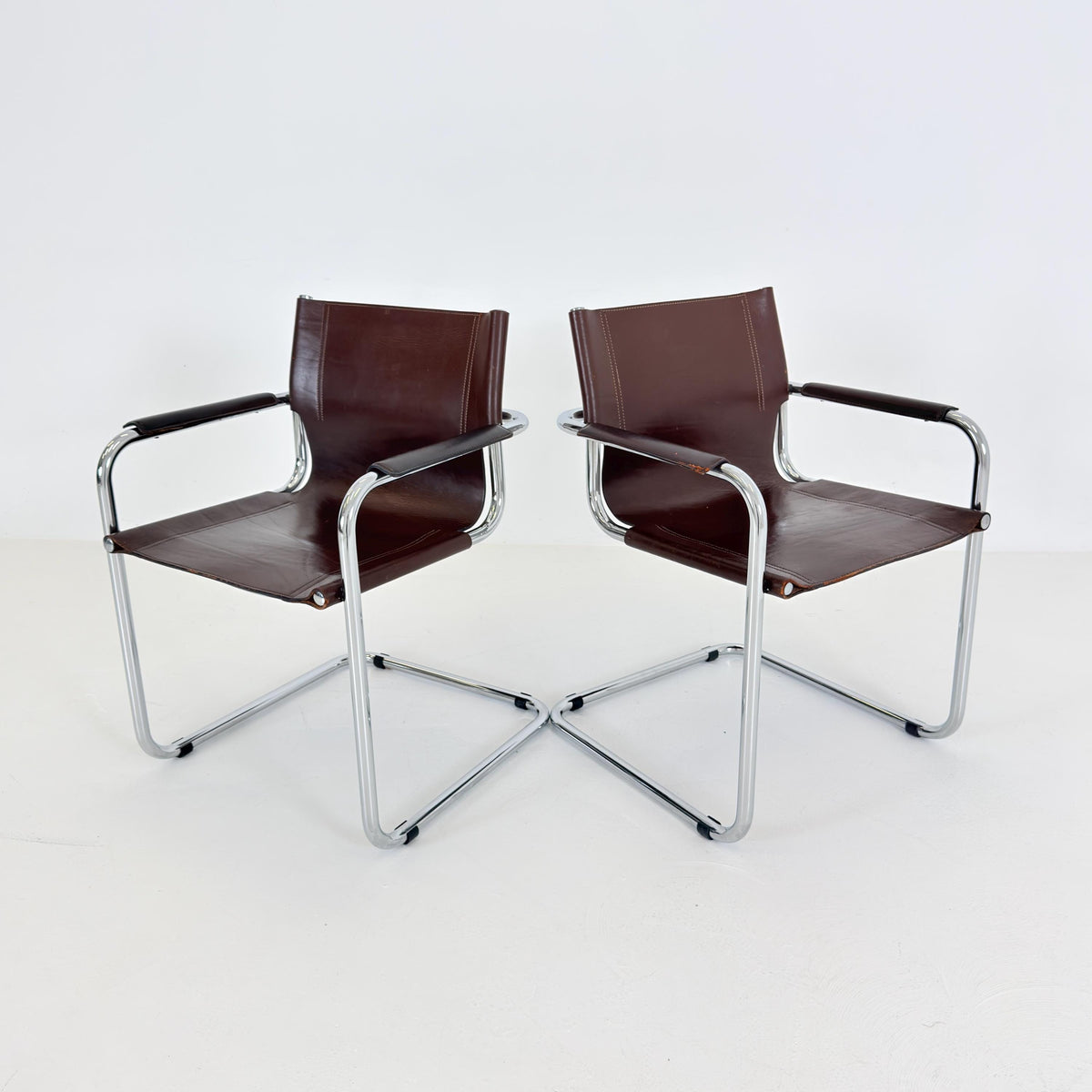 Set of 2 Mart Stam Visitor Chairs for Matteo Grassi, Brown Leather & Chrome, Italian Bauhaus Design, 1970s