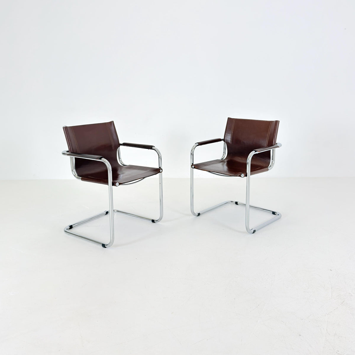 Set of 2 Mart Stam Visitor Chairs for Matteo Grassi, Brown Leather & Chrome, Italian Bauhaus Design, 1970s