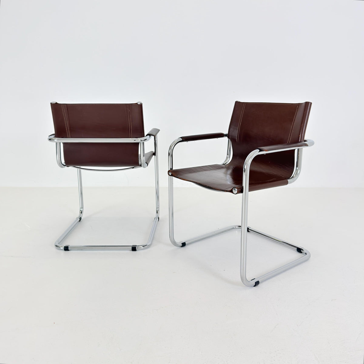 Set of 2 Mart Stam Visitor Chairs for Matteo Grassi, Brown Leather & Chrome, Italian Bauhaus Design, 1970s