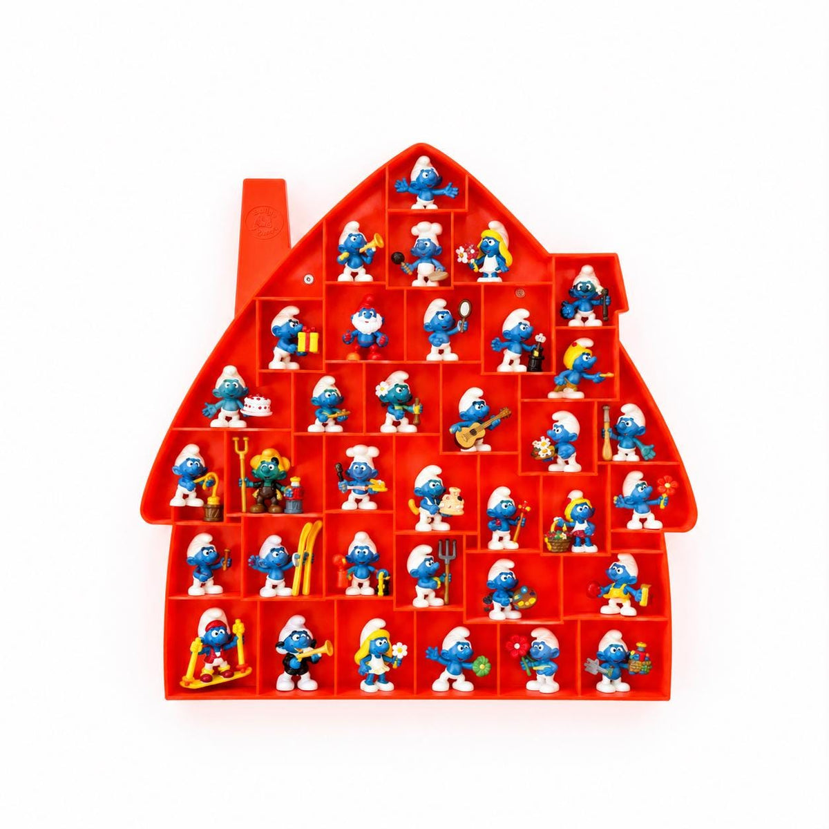 Mid century Spaceage Bullyland Smurf House Display Case, Orange Space Age Wall Tray, PEYO Smurfs, West Germany 1970s