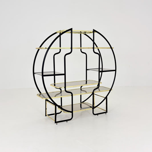 Mid centuryLarge Round Room Divider Shelf by Romeo Rega Style, Italian Hollywood Regency, Brass & Smoked Glass, 1970s