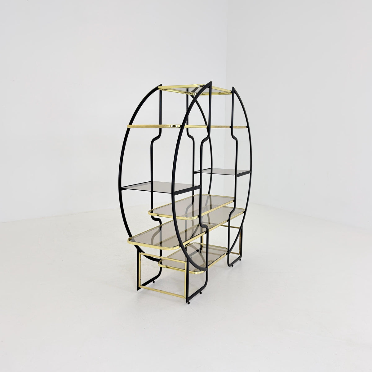 Mid centuryLarge Round Room Divider Shelf by Romeo Rega Style, Italian Hollywood Regency, Brass & Smoked Glass, 1970s