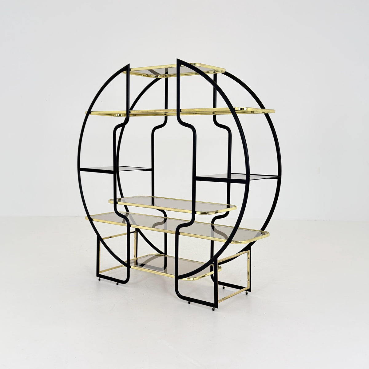 Mid centuryLarge Round Room Divider Shelf by Romeo Rega Style, Italian Hollywood Regency, Brass & Smoked Glass, 1970s