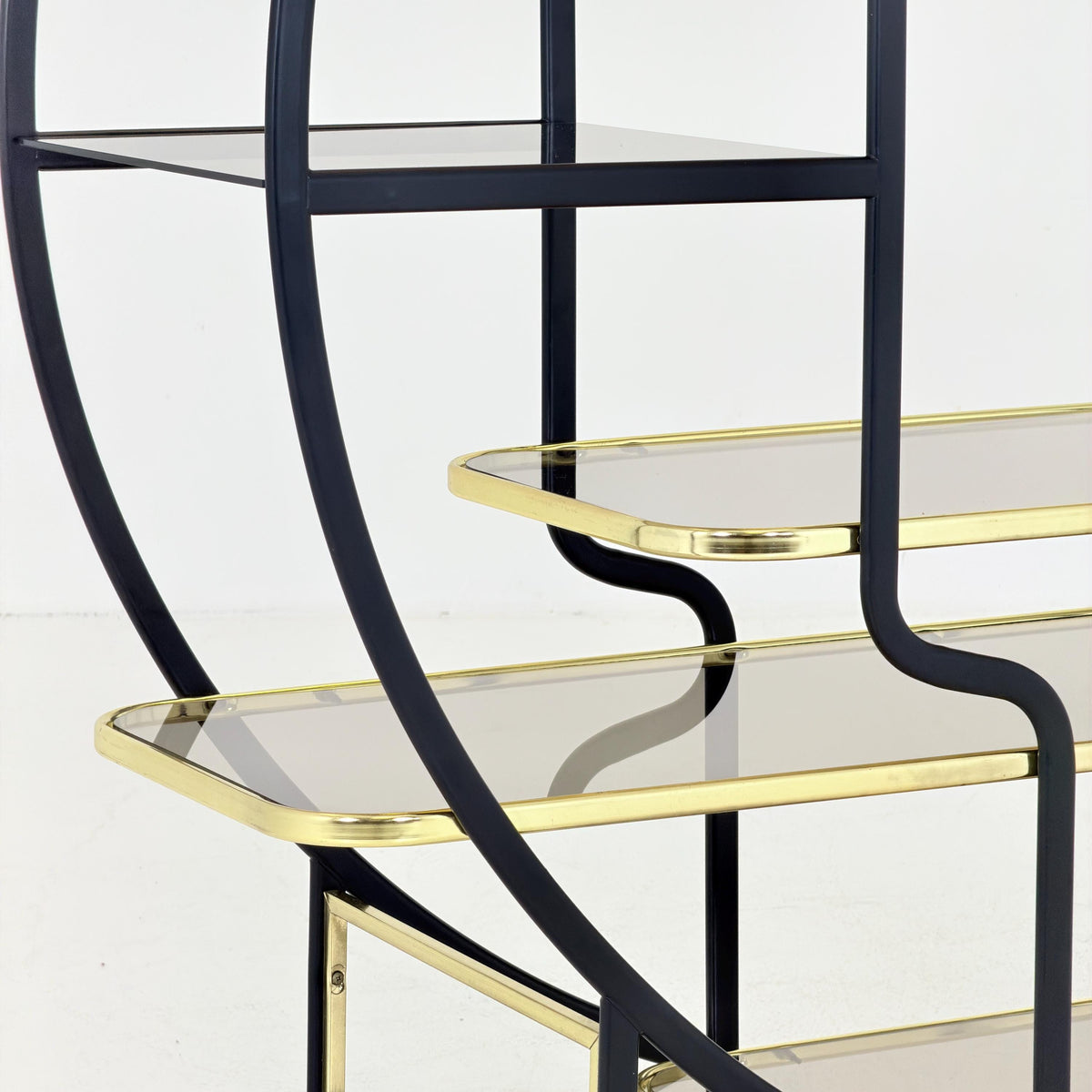 Mid centuryLarge Round Room Divider Shelf by Romeo Rega Style, Italian Hollywood Regency, Brass & Smoked Glass, 1970s