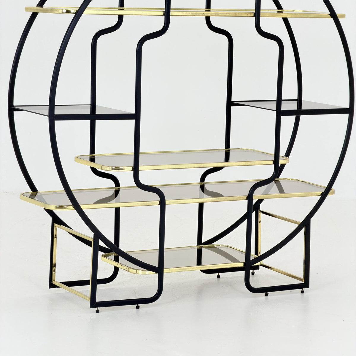 Mid centuryLarge Round Room Divider Shelf by Romeo Rega Style, Italian Hollywood Regency, Brass & Smoked Glass, 1970s