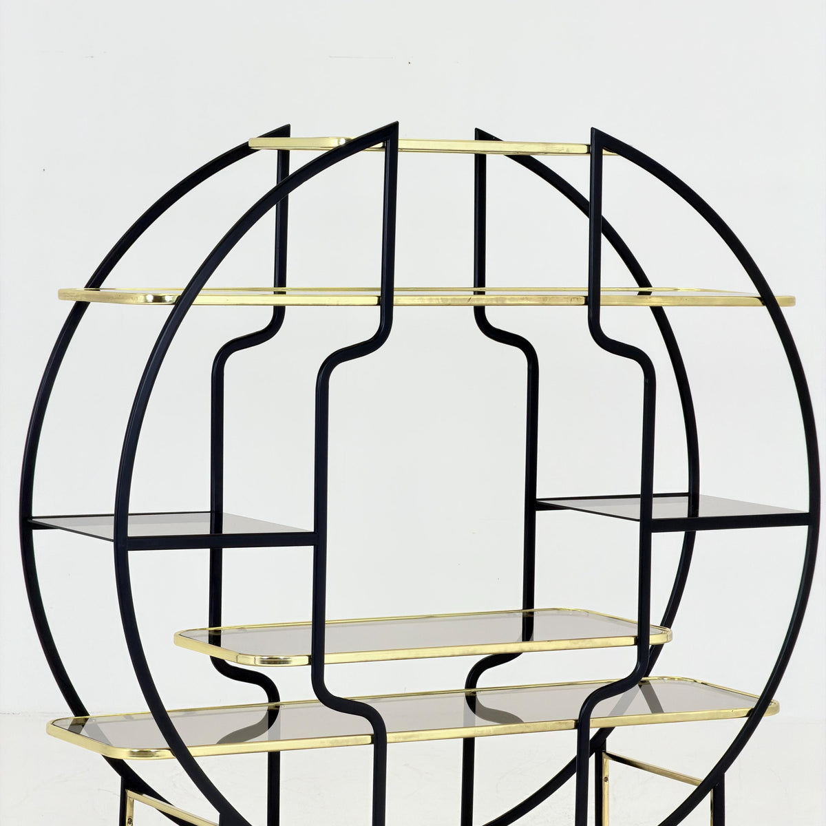 Mid centuryLarge Round Room Divider Shelf by Romeo Rega Style, Italian Hollywood Regency, Brass & Smoked Glass, 1970s