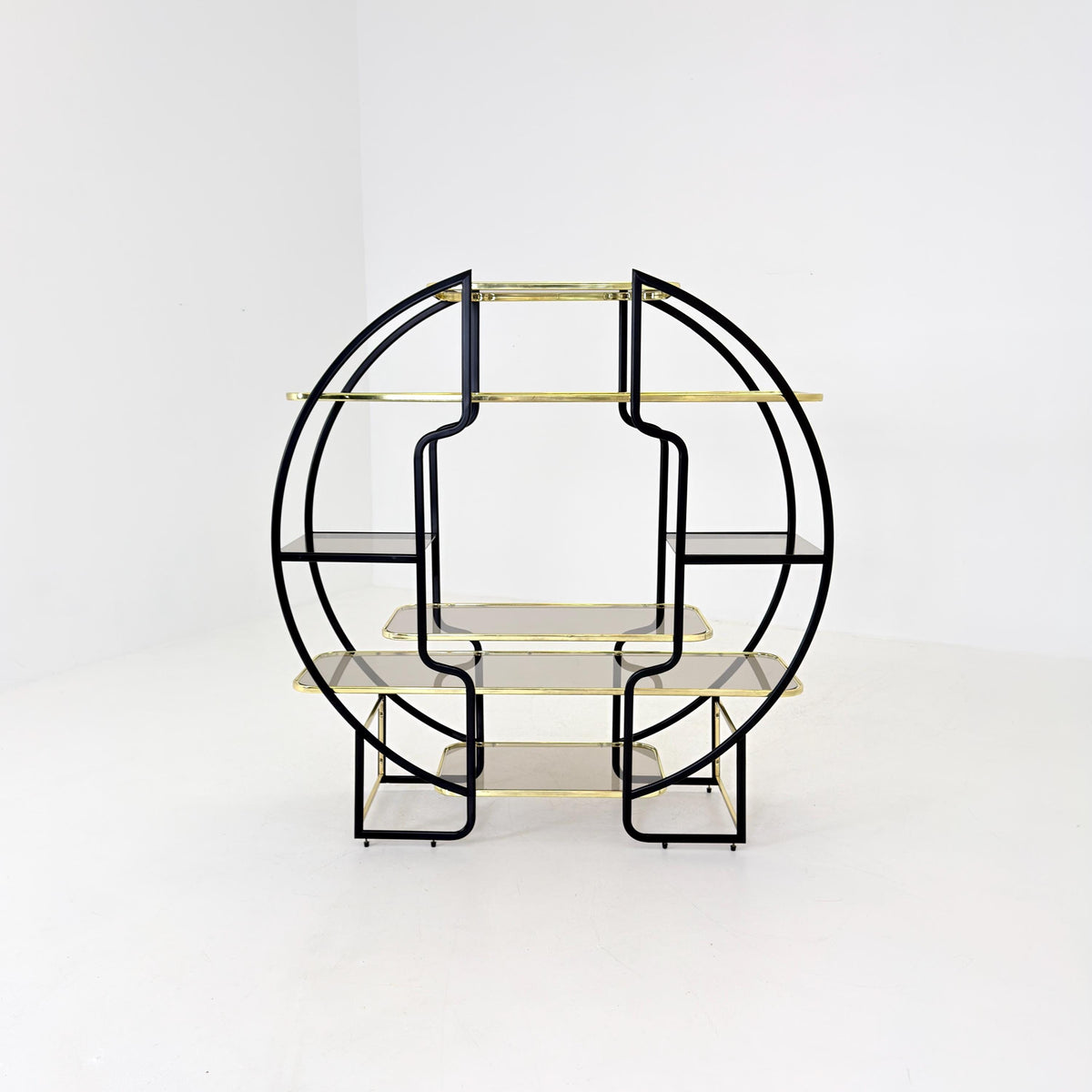 Mid centuryLarge Round Room Divider Shelf by Romeo Rega Style, Italian Hollywood Regency, Brass & Smoked Glass, 1970s