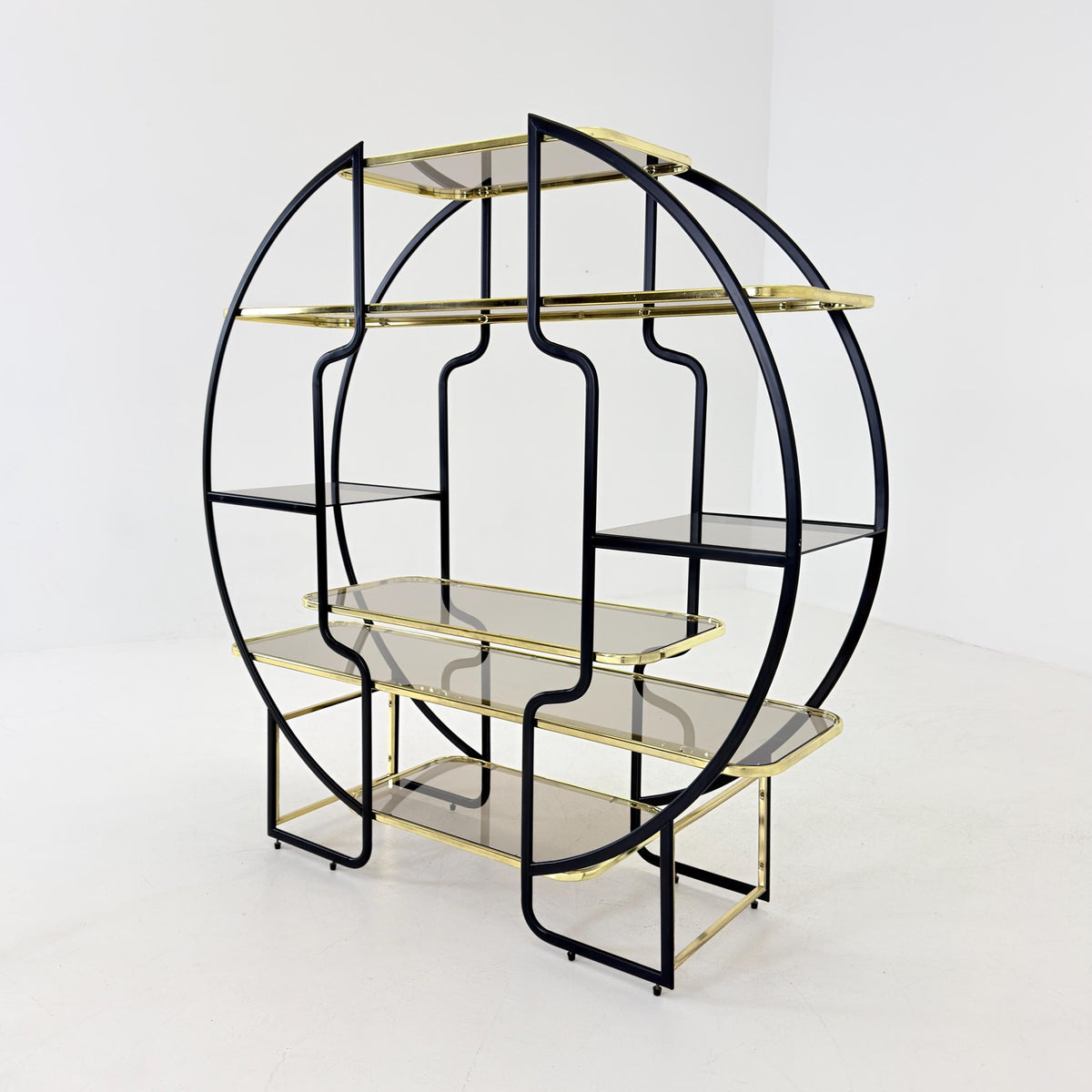 Mid centuryLarge Round Room Divider Shelf by Romeo Rega Style, Italian Hollywood Regency, Brass & Smoked Glass, 1970s