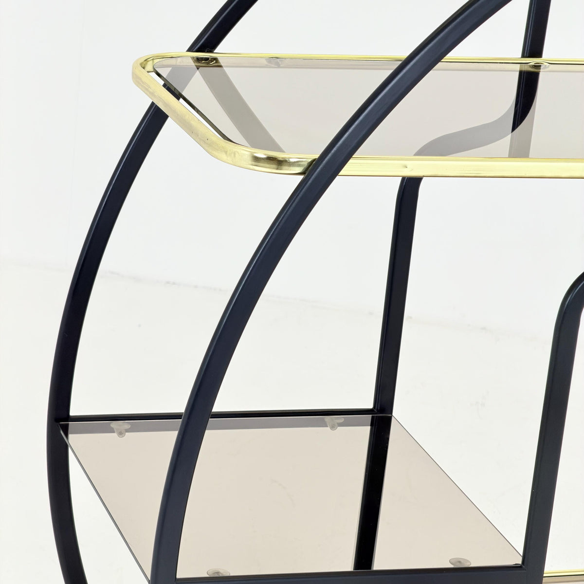 Mid centuryLarge Round Room Divider Shelf by Romeo Rega Style, Italian Hollywood Regency, Brass & Smoked Glass, 1970s
