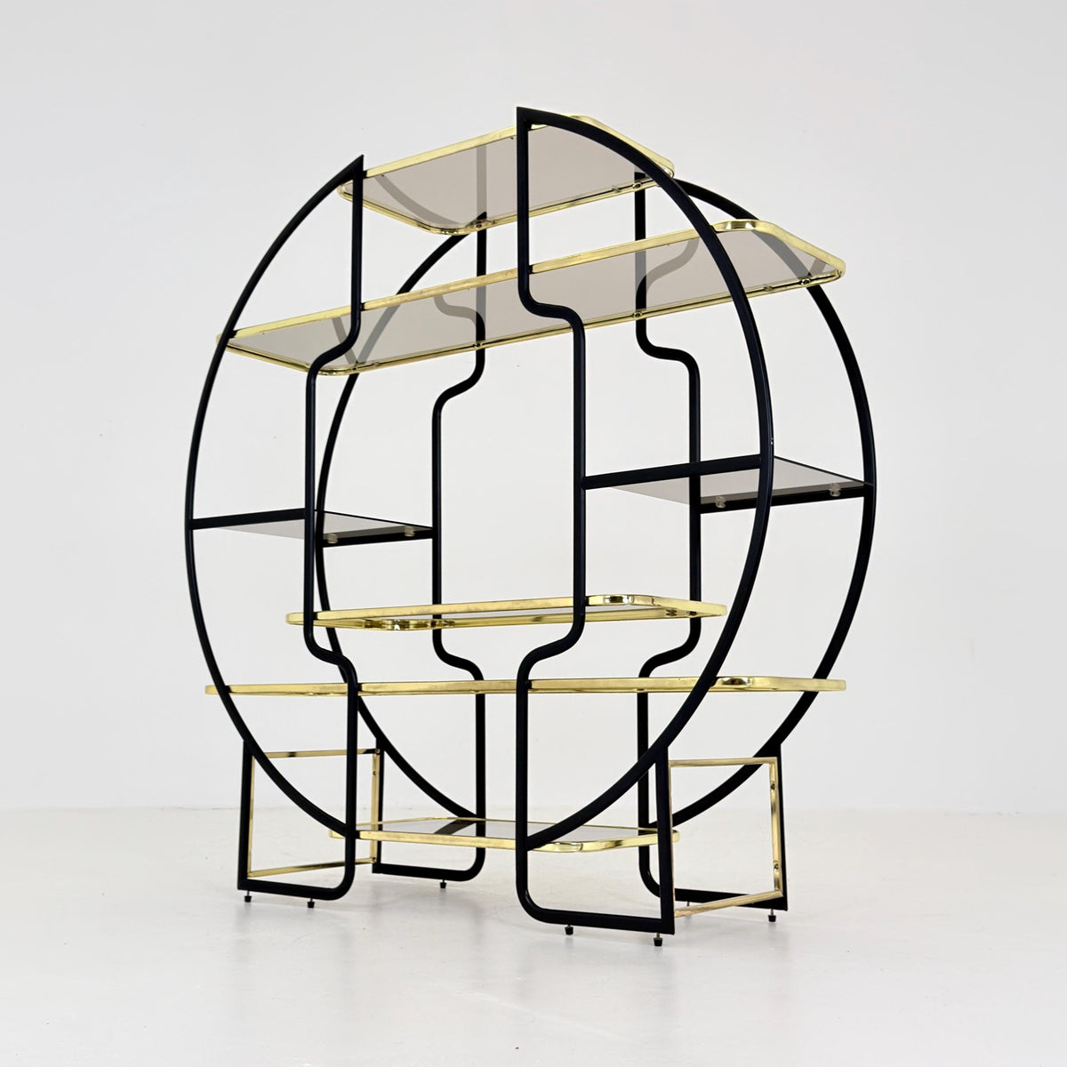 Mid centuryLarge Round Room Divider Shelf by Romeo Rega Style, Italian Hollywood Regency, Brass & Smoked Glass, 1970s