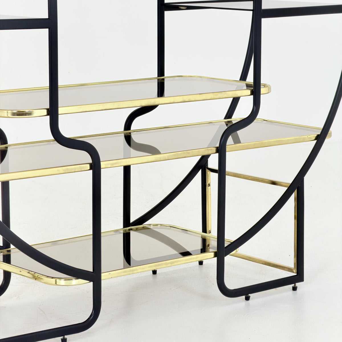 Mid centuryLarge Round Room Divider Shelf by Romeo Rega Style, Italian Hollywood Regency, Brass & Smoked Glass, 1970s