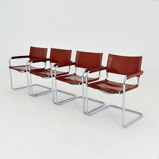 set of 4 Mid century Bauhaus Leather b34 armchairs by Mart Stam & Marcel Breuer for Fasem, Italy 1980s