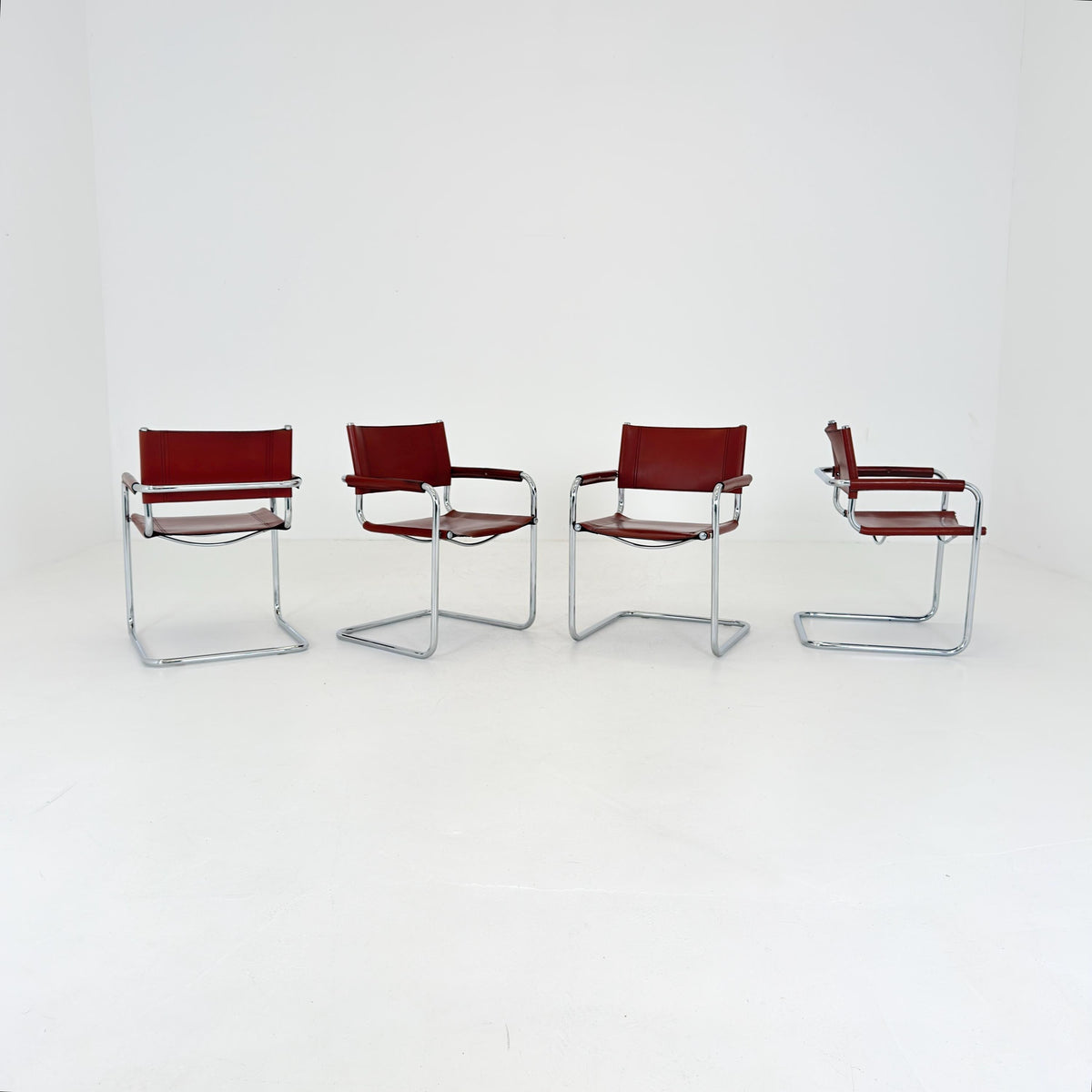 set of 4 Mid century Bauhaus Leather b34 armchairs by Mart Stam & Marcel Breuer for Fasem, Italy 1980s