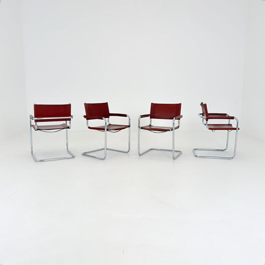 set of 4 Mid century Bauhaus Leather b34 armchairs by Mart Stam & Marcel Breuer for Fasem, Italy 1980s