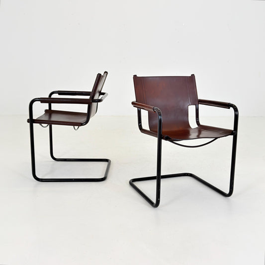 Set of 2 Mart Stam Visitor Chairs for Matteo Grassi, Brown Leather , Italian Bauhaus Design, 1970s