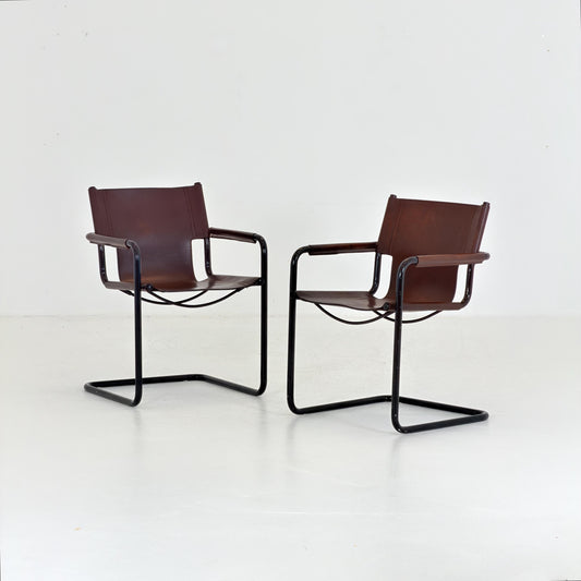 Set of 2 Mart Stam Visitor Chairs for Matteo Grassi, Brown Leather , Italian Bauhaus Design, 1970s