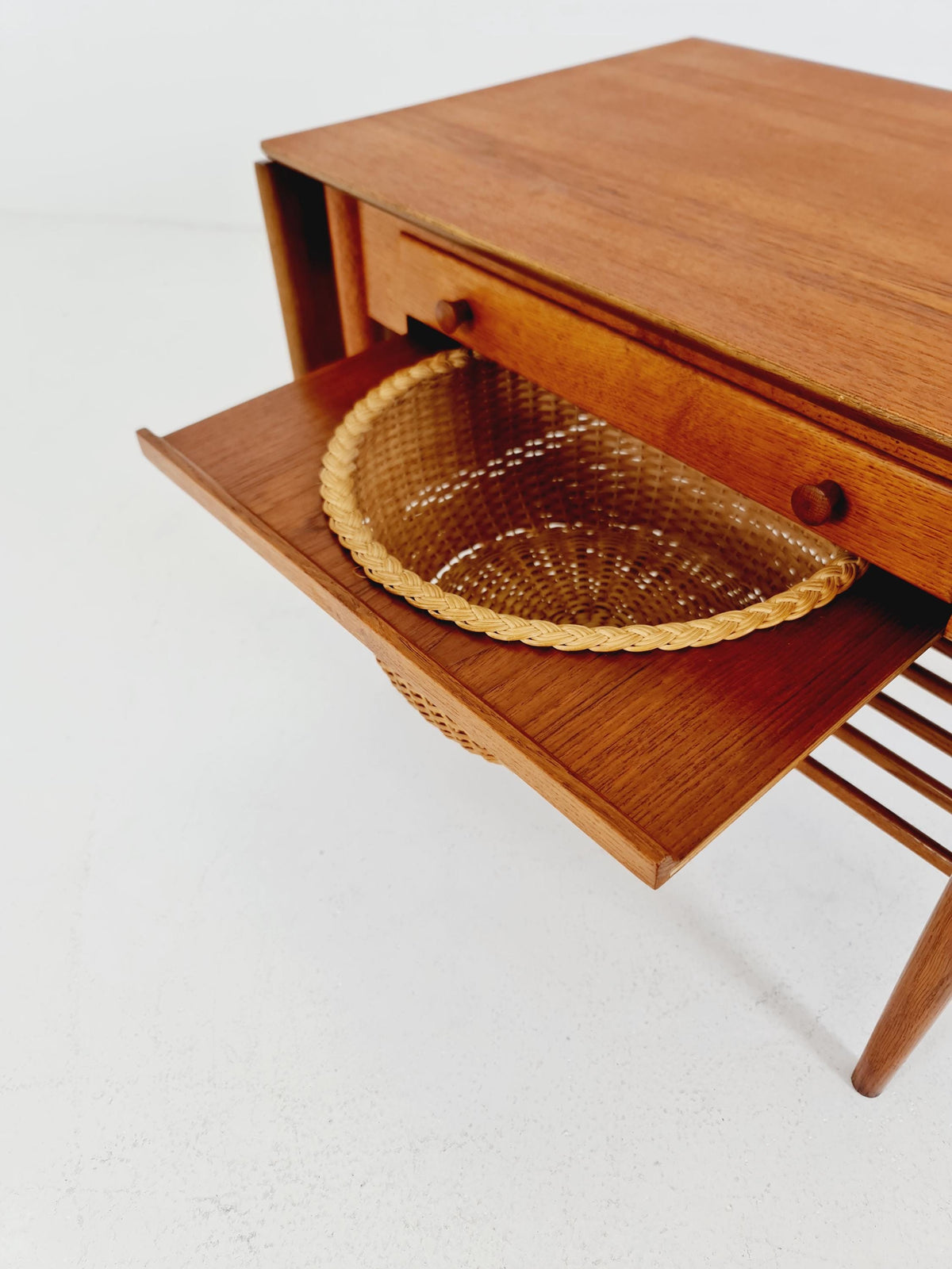 Vintage Danish teak and rattan sewing table/ side table cabinet, 1960s