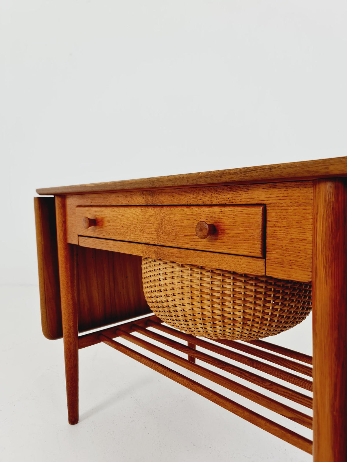 Vintage Danish teak and rattan sewing table/ side table cabinet, 1960s