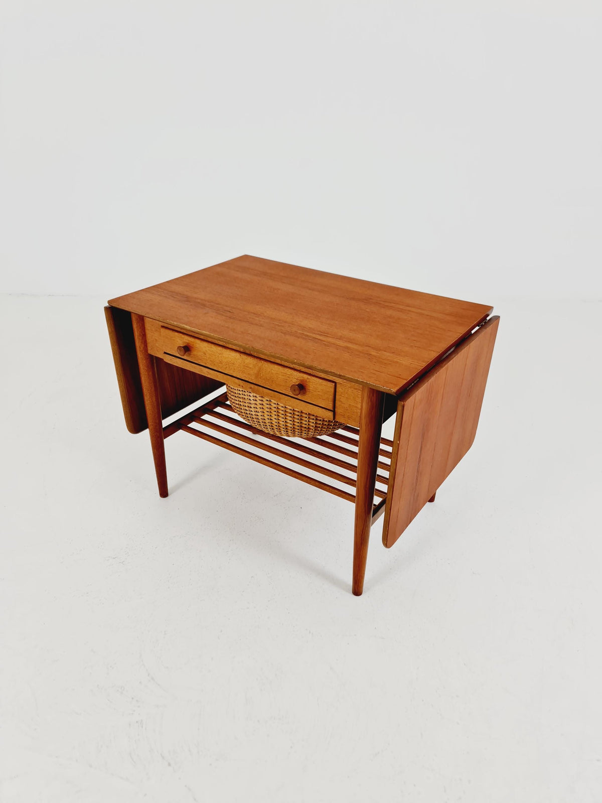 Vintage Danish teak and rattan sewing table/ side table cabinet, 1960s