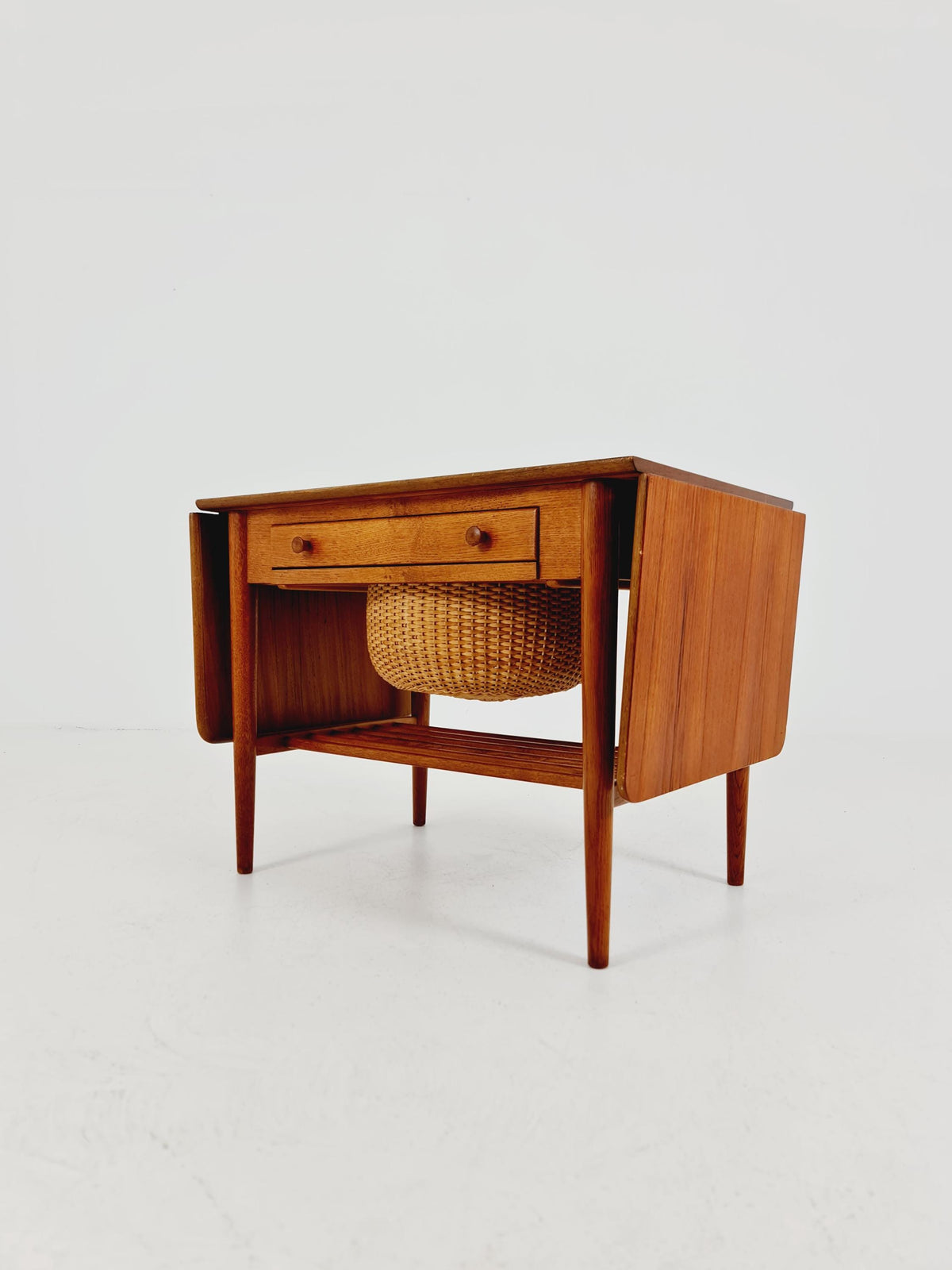 Vintage Danish teak and rattan sewing table/ side table cabinet, 1960s