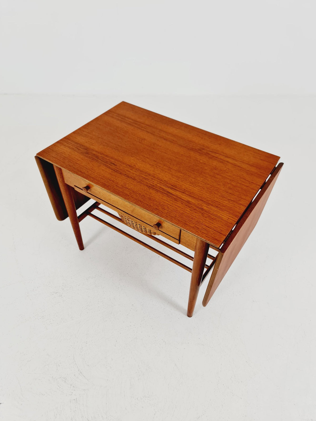 Vintage Danish teak and rattan sewing table/ side table cabinet, 1960s