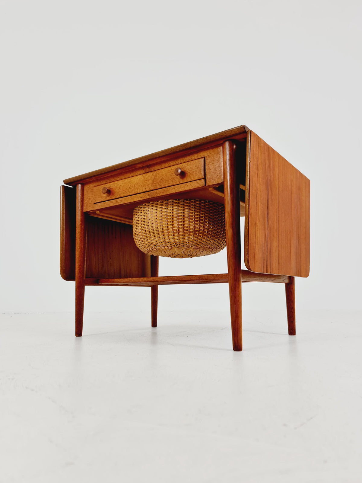 Vintage Danish teak and rattan sewing table/ side table cabinet, 1960s