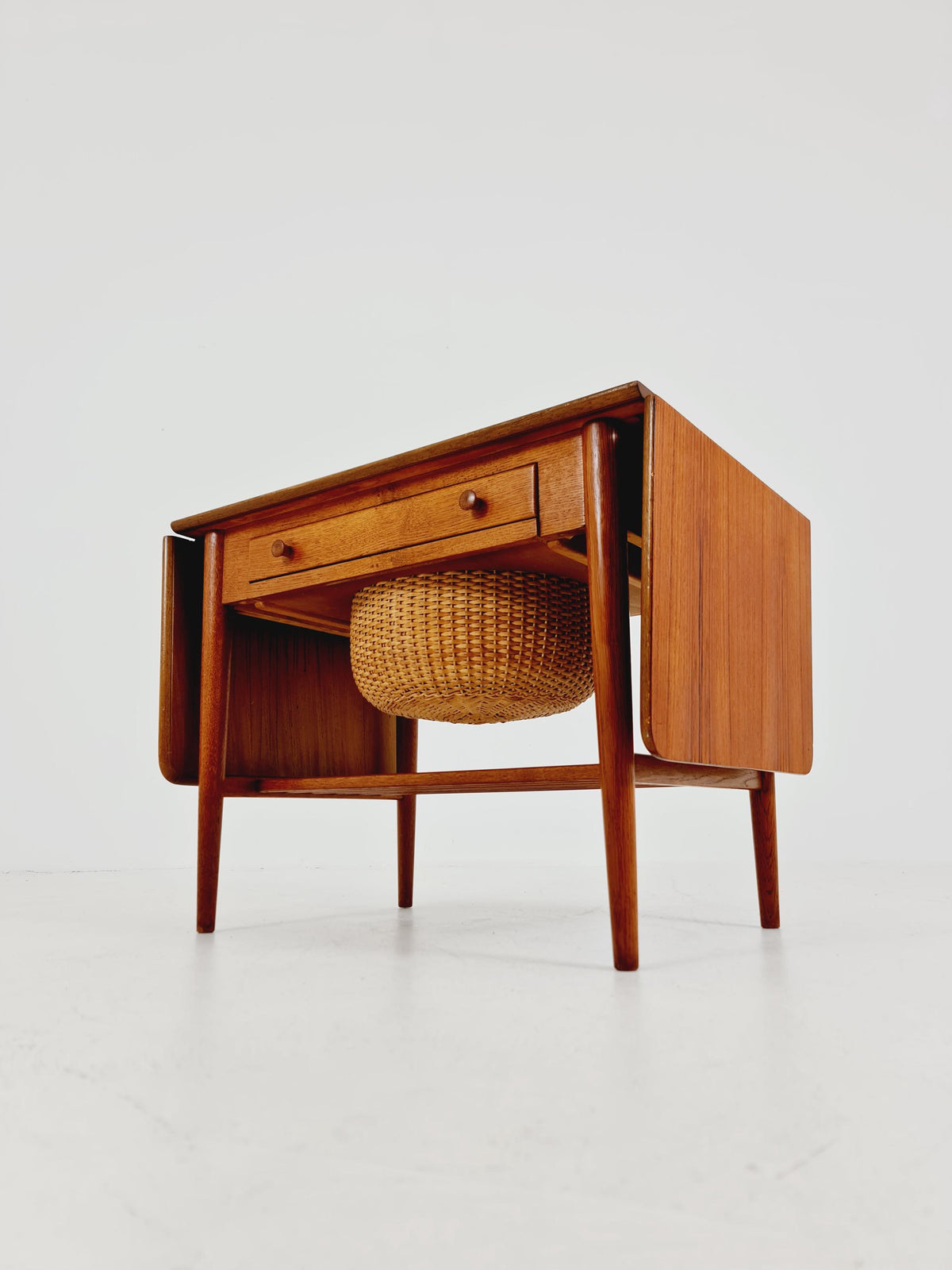 Vintage Danish teak and rattan sewing table/ side table cabinet, 1960s