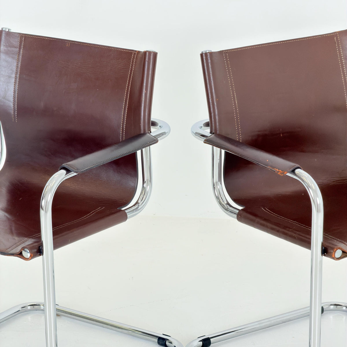 Set of 2 Mart Stam Visitor Chairs for Matteo Grassi, Brown Leather & Chrome, Italian Bauhaus Design, 1970s