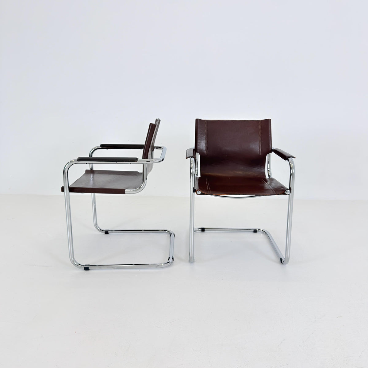 Set of 2 Mart Stam Visitor Chairs for Matteo Grassi, Brown Leather & Chrome, Italian Bauhaus Design, 1970s