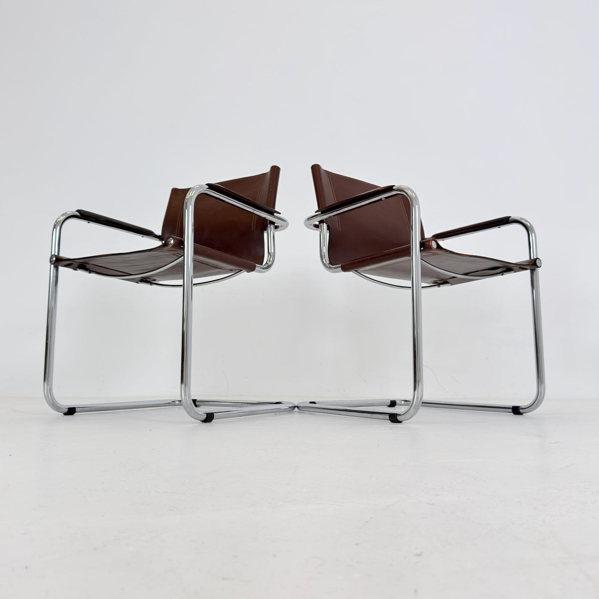 Set of 2 Mart Stam Visitor Chairs for Matteo Grassi, Brown Leather & Chrome, Italian Bauhaus Design, 1970s