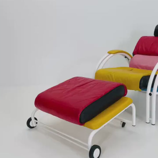 Mid Century Postmodern Memphis Style Leather Reclining Lounge Chair & Ottoman by Ettore Sottsass, Italy 1980s